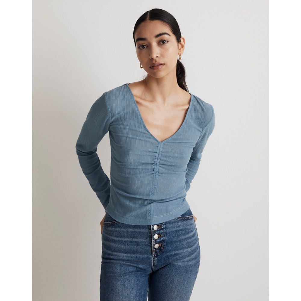 NEW Madewell Semi Sheer Shirred V Neck Top Size M Blue Long Sleeve Lightweight